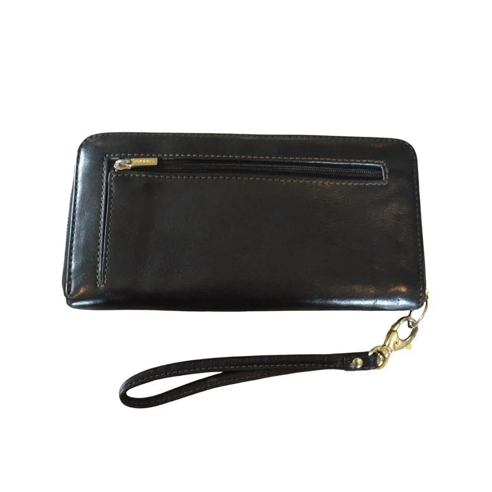 Fossil Wallet Black Leather Zip Around Accordion Wristlet Kelly Green Interior